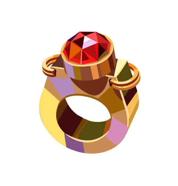 Vector illustration of Gold ring with a red ruby in the steampunk style. Vector illustration. Isolated