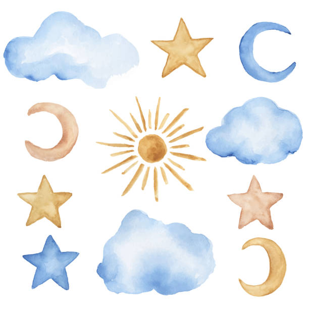 istock Set of cute watercolor clouds, sun and moon 1785051835
