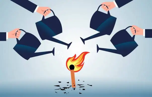 Vector illustration of Dousing expectations and hopes, desperate situation, loss of faith and expectations, hand holding a watering can to douse the flame of a match