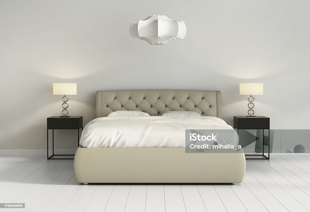 Bedroom interior Chic tufted leather bed in contemporary chic bedroom front Tassel Stock Photo