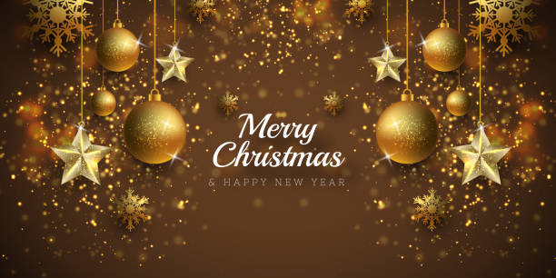 Merry Christmas and Happy New Year. Background with realistic golden ball and star. vector art illustration
