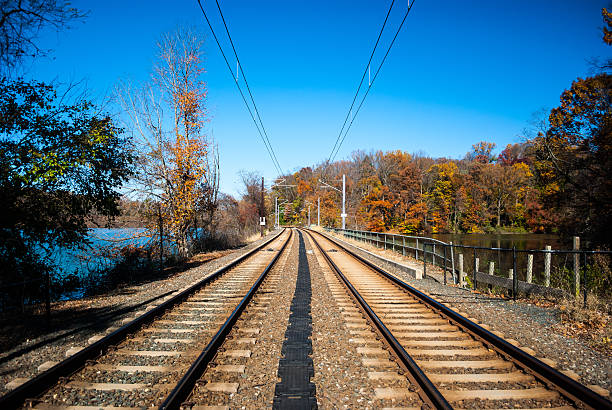 Railroad Tracks in fall with vanishing perspective stock photo