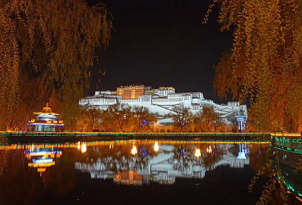 "Long exposure picture of the Potala Palace which used to be the Dalai Lamaaas winter residence. Completed in the XVII century this enormous buddhist,  religious complex has been recognized as the UNESCO World Heritage Site.  Picture taken on an April evening from across the small park at the center of Lhasa city, Tibet."