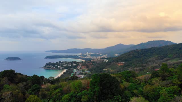Aerial view from Karon View Point, Karon, Kata and Kata Noi beaches, turquoise