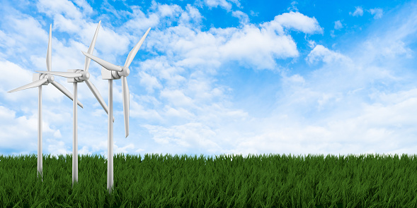 Renewable energy wind turbines on a grass fieldwith clear bright sky. Background with copy space and clipping path. Minimalist 3D illustration design poster for presentation, wallpaper, branding.\nConcept of power and energy generation.