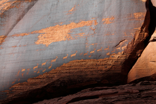 This petroglyph panel in southern Utah probably has to do with hunting and animal behavior and is a fine example of the natural rock texture being used in the rock art image.  Ancestral Puebloan petroglyphs are common in the four corners region.