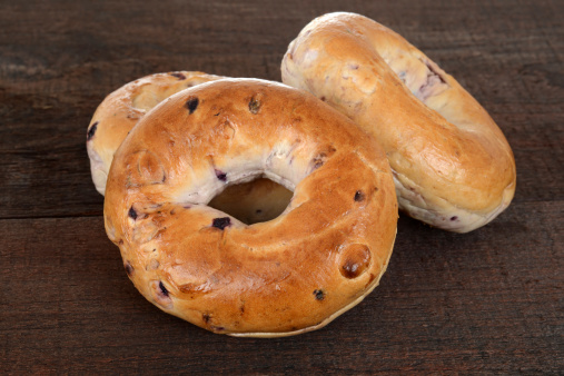 closeup of Blueberry bagels on wood