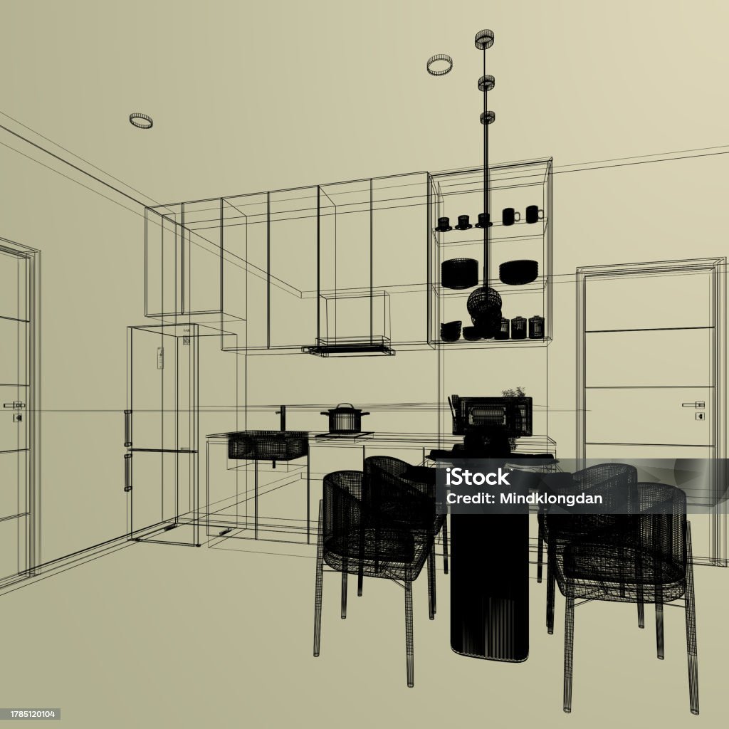 Modern Kitchen Room Interior Design 3d Rendering Stock Photo - Download ...