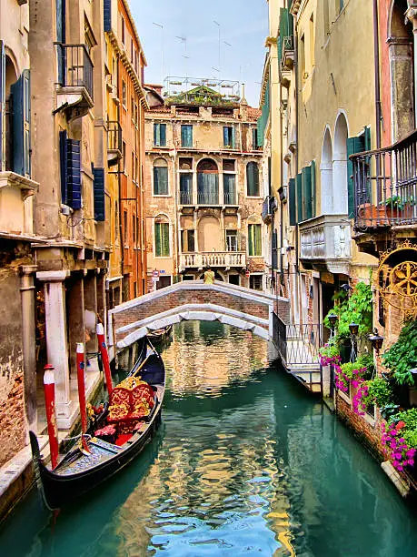 Scenic canal with gondola, Venice, Italy