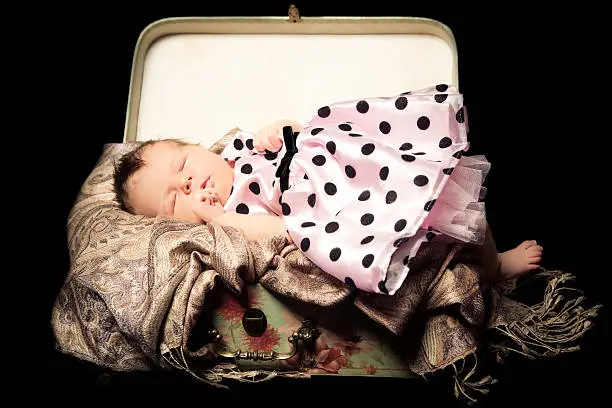 Sleeping Baby in a suitcase, Studio Portrait