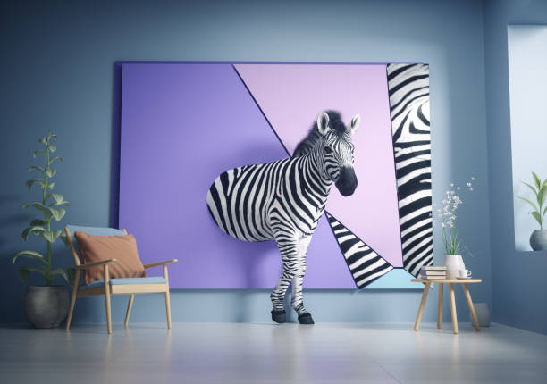 Zebra walking out of an abstract painting. Artificial intelligence and creativity concept. This is a 3d render illustration