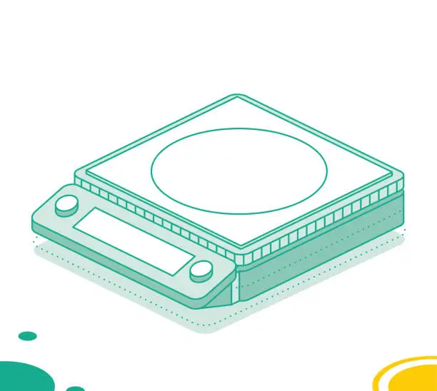 Vector illustration of Digital domestic food scale with pull-out display. Isometric outline object isolated on white background. Icon for web.