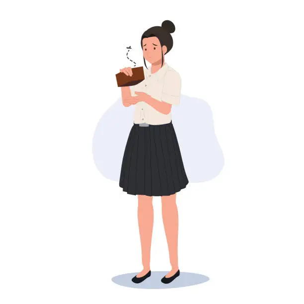 Vector illustration of Financial Crisis and College Expenses concept. Broke Thai university student in uniform with empty wallet ,out of money