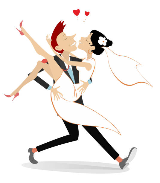 ilustraciones, imágenes clip art, dibujos animados e iconos de stock de matrimonio feliz pareja de novios - love romance cartoon heterosexual couple