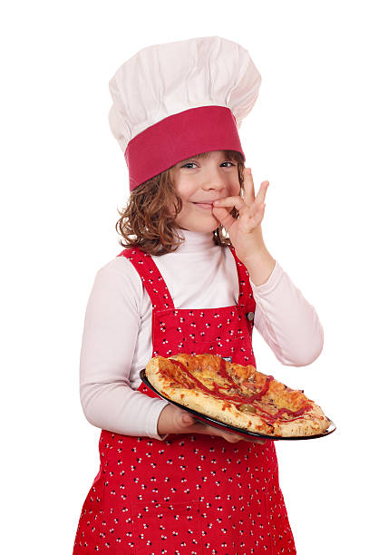 istock cute little girl cook with pizza on white 178514077