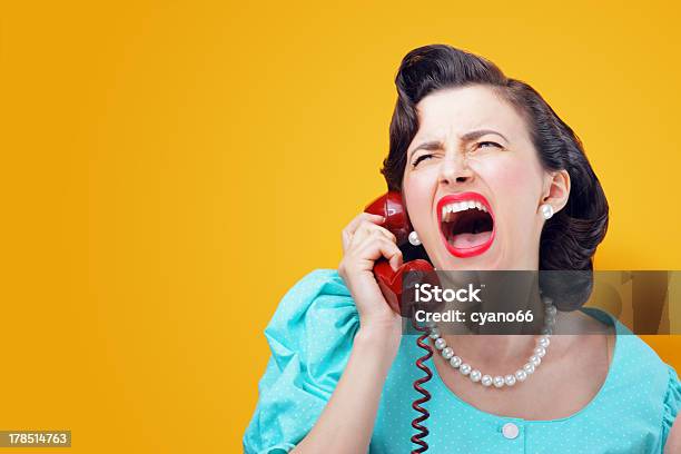 Angry Woman Screaming On The Phone Stock Photo - Download Image Now - 1950-1959, Emotional Stress, Women