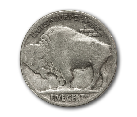 Buffalo nickel coin isolated on white with path outline