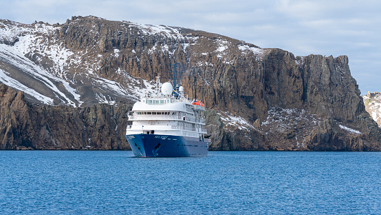 Antarctica February 26th of 2023: Expedition Cruise Ship in Deception Island Volcanic Crater - Whalers Bay
