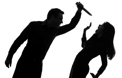 one caucasian couple man killing woman with knife in silhouette studio   on white background