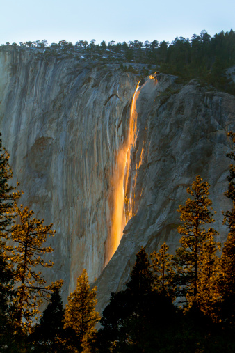 Horsetail falls in Yosemite illuminates and glows under perfect conditions during the last two weeks in February at sunset for only about 10 minutes.