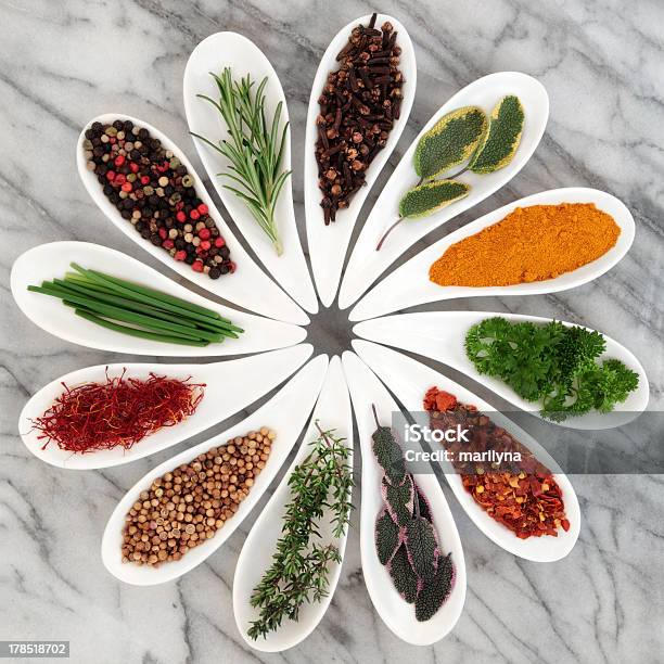 Herbs And Spices Stock Photo - Download Image Now - Black Peppercorn, Chili Pepper, Chive