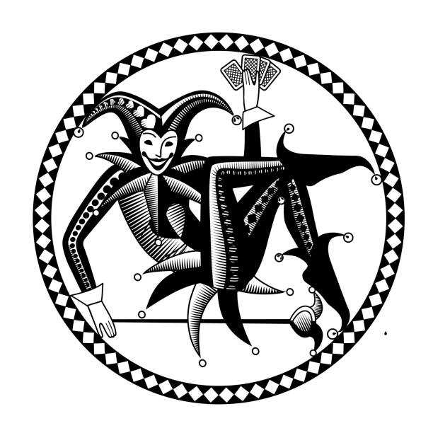 Lying and smiling Joker of playing cards in line and vintage black and white engraving style in a round frame isolated on white Lying and smiling Joker of playing cards in line and vintage black and white engraving style in a round frame isolated on white. Vector illustration poker card tattoos stock illustrations