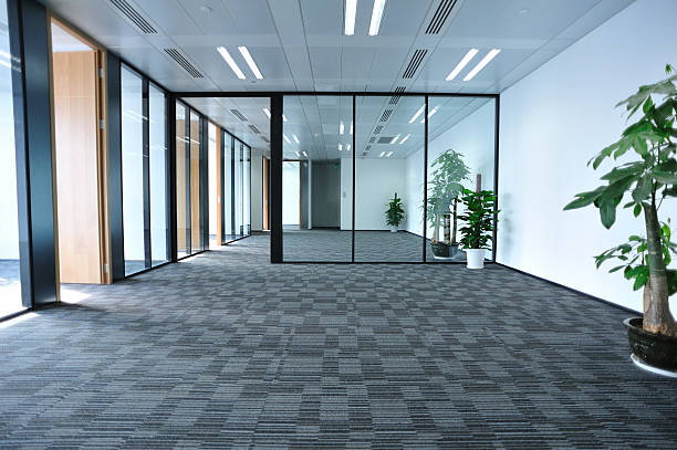 Empty modern office with glass partitions and plants stock photo