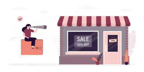 Vector illustration of Woman client flies on wallet and looking spyglass to sales and discounts. Female consumer goes shopping for sales at store. Shop building with storefront. Shopping process.