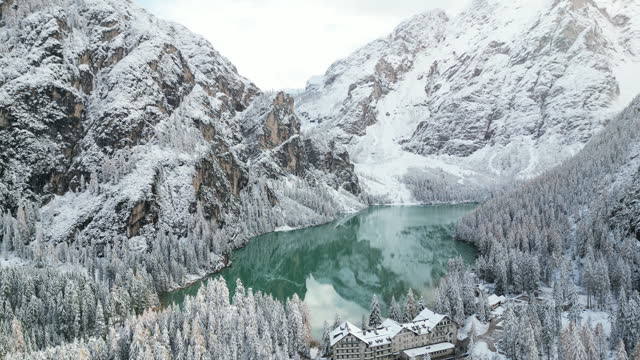 Winter Views from Lake Braies in Dolomites