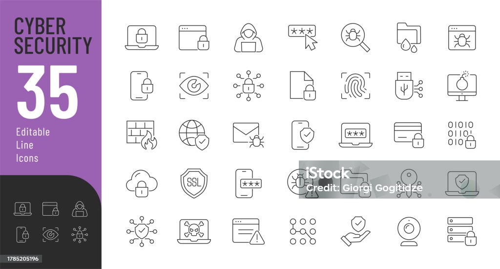 Cyber Security Line Editable Icons set. Vector illustration in thin line modern style of cyber protection related icons: personal data protection, passwords, types of cyber dangers, and more. Icon Symbol stock vector Cyber Security Line Editable Icons set. Vector illustration in thin line modern style of cyber protection related icons: personal data protection, passwords, types of cyber dangers, and more. Icon Symbol stock vector