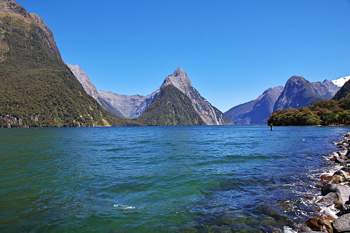 Wide angle view in The Milford Sound fiord Fiordland national park New Zealand in south island new zealand