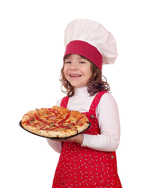 istock happy little girl cook with pizza on white 178521713