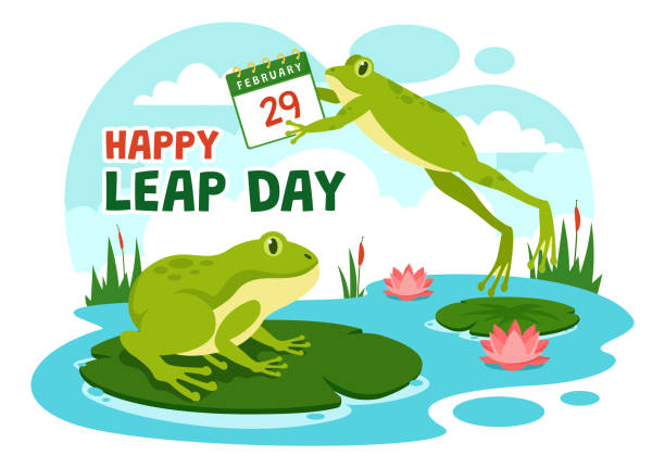 행복 한 도약 일 벡터 일러스트 레이 션 2 월 29 일 점프 개구리와 연못 배경 휴일 축하 플랫 만화 디자인 - february stock illustrations