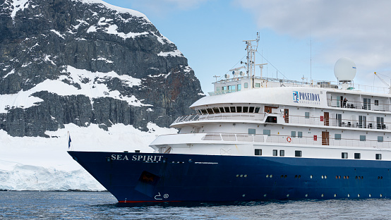Antarctica February 26th of 2023: Expedition Cruise Ship in Deception Island Volcanic Crater - Whalers Bay