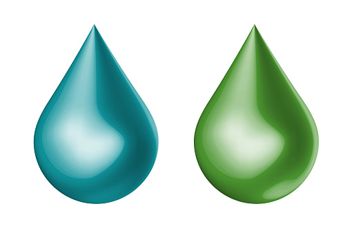 Green oil drop 3d icon realistic graphic vector isolated, blue water droplet element in chrome metallic render design symbol, modern liquid gel cream drip image clipart