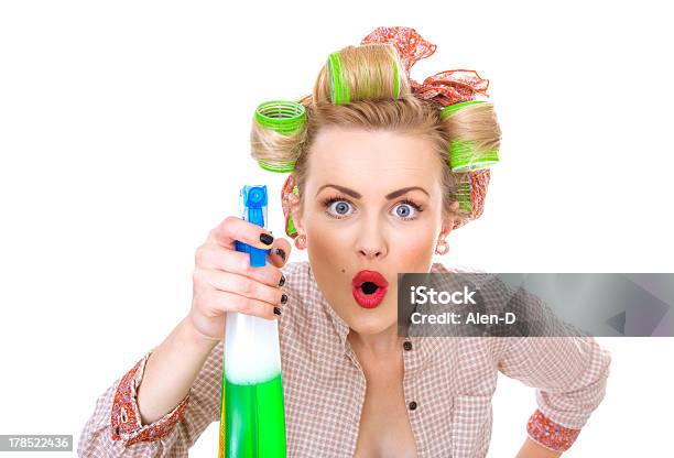 Funny Housewife Woman Spraying The Cleaner On You Stock Photo - Download Image Now