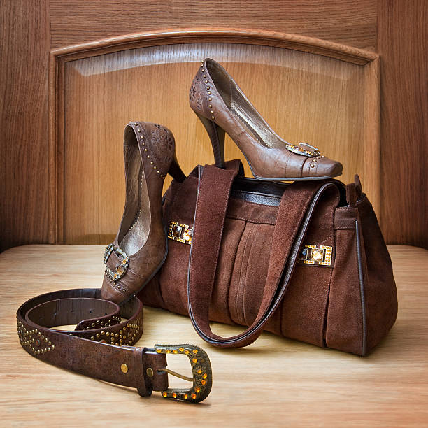 istock Brown suede bag, leather shoes and a belt 178522903