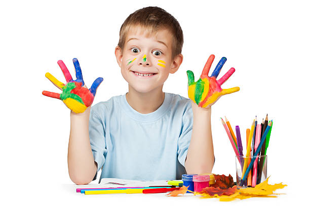 istock funny boy with stained coloured hand. isolated 178522917
