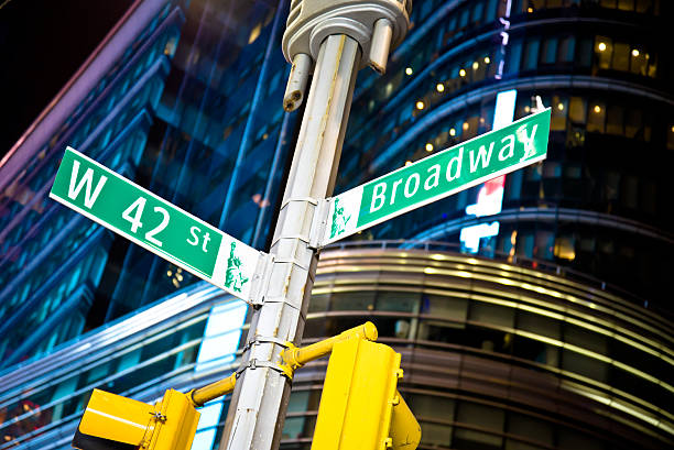 42nd Street and Broadway Sign 42nd Street and Broadway intersection street sign up close at night. 42nd street stock pictures, royalty-free photos & images