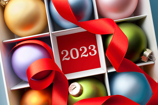 Christmas 2023. Box of Christmas balls.