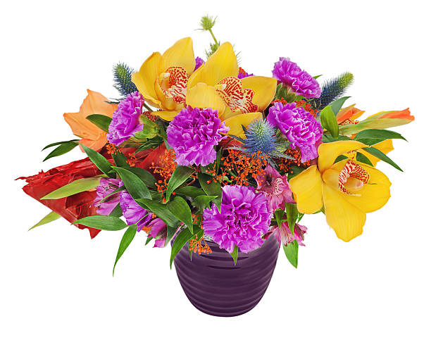 fiori bouquet di orchidee, gladioluses e di garofano - flower purple gladiolus isolated foto e immagini stock