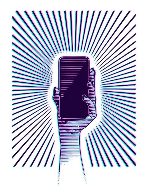 Vector illustration of Hand Holding Phone with Glitch Technique