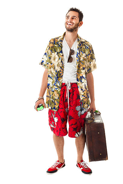 szczęśliwy turysta - travel suitcase hawaiian shirt people traveling zdjęcia i obrazy z banku zdjęć