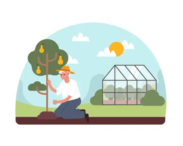 Vector illustration of Old man sitting near tree and taking care of nature. Growing fruits and vegetables