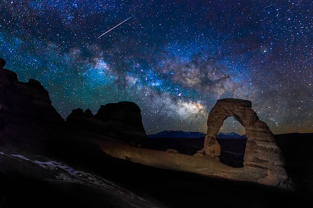 流星、milky way と繊細なアーチ - arches national park 写真 ストックフォトと画像