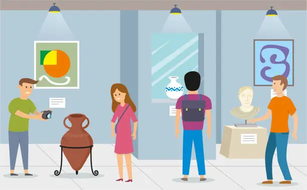 Vector illustration of people visit the museum