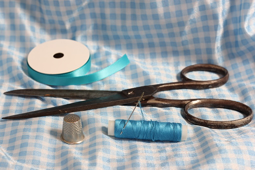 Spool of Blue Thread, Thimble and Needle on Vintage Blue and White Fabric