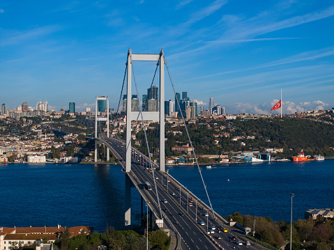 Mustafa Kemal Atatürk Death Anniversary Moments When Traffic Stopped and Respect Drone Photo, 15 July Martyrs Bridge Beylerbeyi, Istanbul Turkey (Turkey)