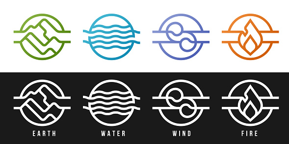 4 elements of nature symbols collection - earth, water, wind and fire with modern border line circle icon symbols gradient and white tone style vector design