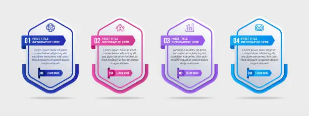 Vector illustration of abstract hexagon four step infographic design template with gradient colors